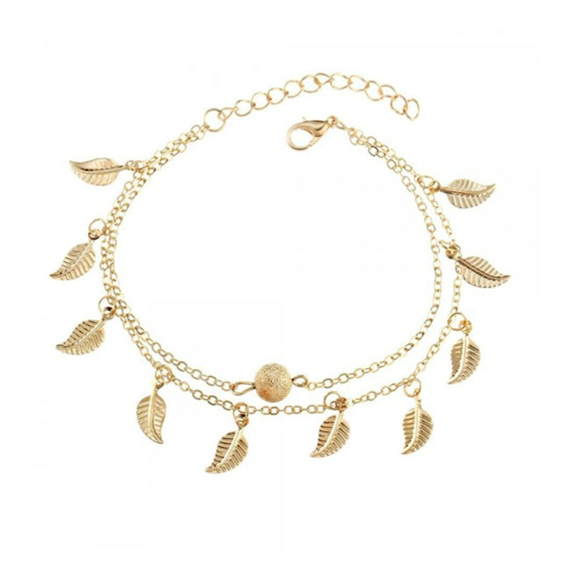 Bracelet de cheville avec pendentifs en forme de feuille
