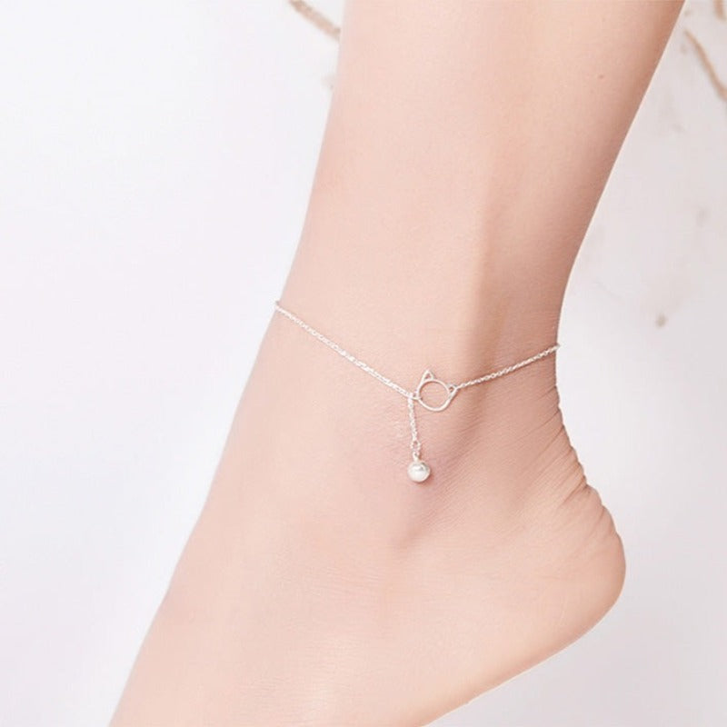 Bracelet de cheville en argent avec motif de chat