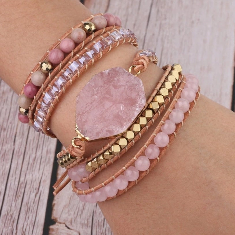 Bracelets en cuir avec quartz rose