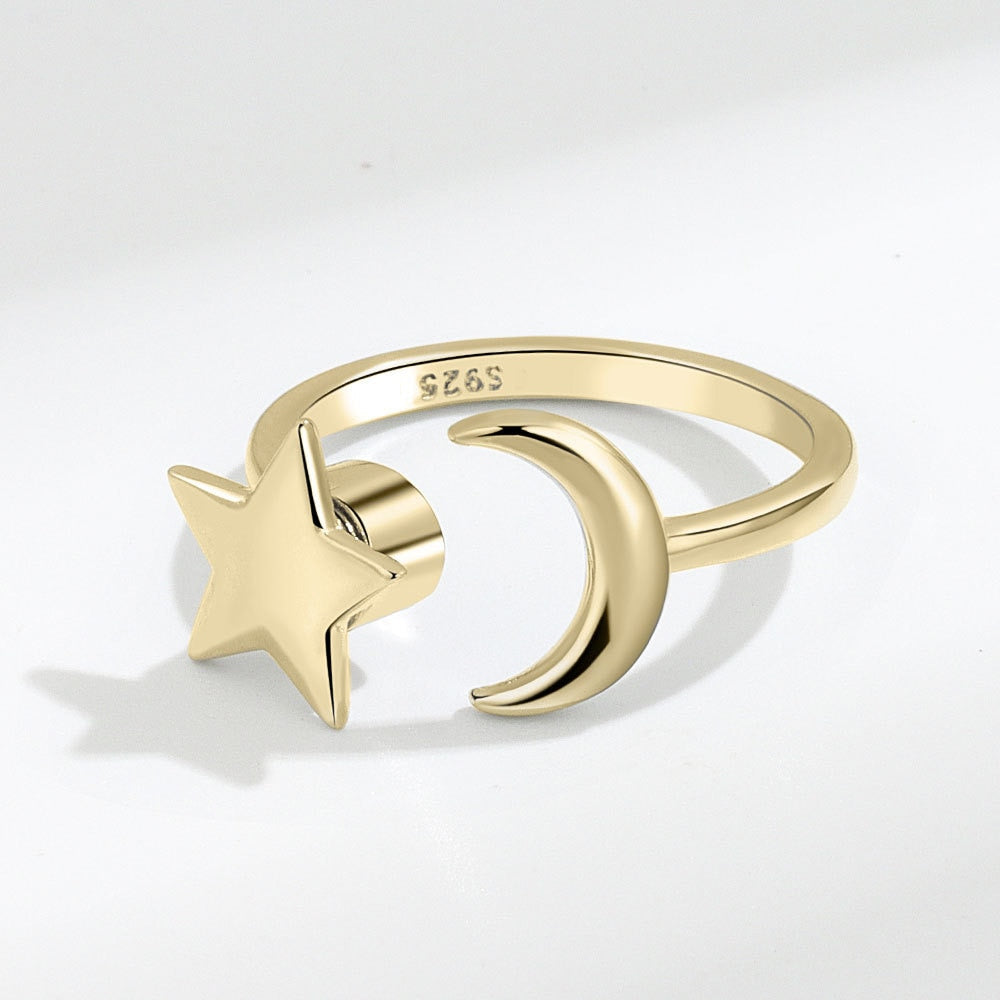 Bague ouverte avec étoile et lune